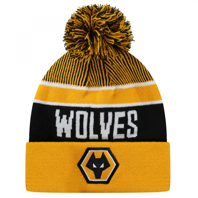 Wolverhampton Wanderers Store | Shop Official Text Stripe Bobble Hat – Black – Kids Wolves Gear